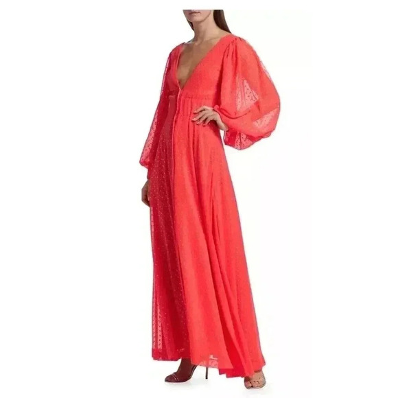 Kimberly Goldson Lesli Jacquard Maxi Dress Coral Gold V Neck Size Small - Picture 3 of 13